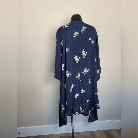 Hopely Navy Floral Kimono Duster Shrug Lightweight Bohemian Indie Gypsy Medium - Picture 12 of 12